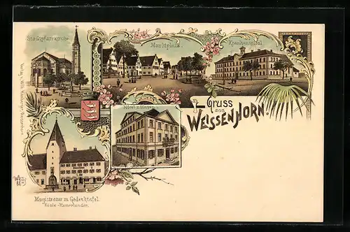 Lithographie Weissenhorn, Hotel zum Hasen, Krankenspital, Stadtpfarrkirche