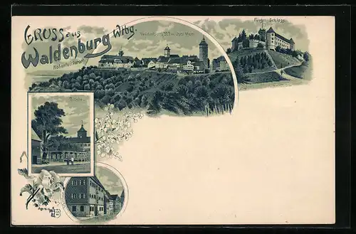 Lithographie Waldenburg, Totalansicht, Fürstl. Schloss, Linde