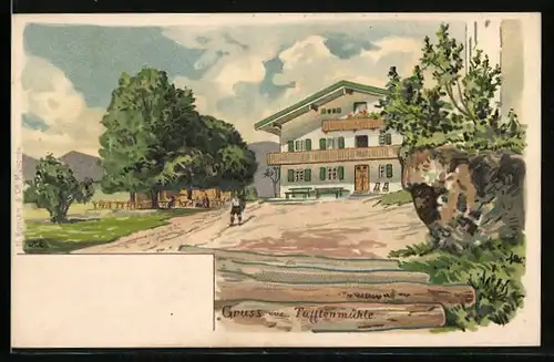 Lithographie Rottach-Egern, Blick auf das Gasthaus Tufftenmühle