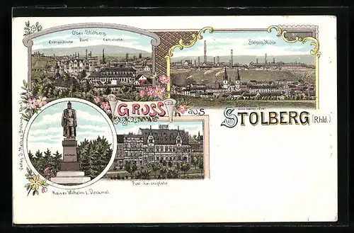 Lithographie Stolberg /Rhld., Ortsansichten Ober-Stolberg und Stolberg-Mühle, Post am Kaiserplatz