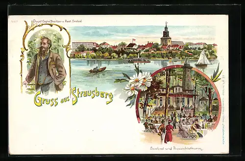 Lithographie Strausberg, Cafe Seebad mit Aussichtsturm, Besitzer d. Cafe Seebad Daniel Gepke, Dampfer, Segelboot