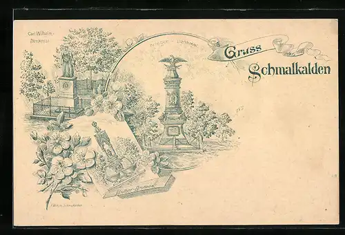 Lithographie Schmalkalden, Luther-Brunnen, Krieger-Denkmal, Carl Wilhelm-Denkmal