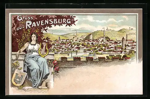 Lithographie Ravensburg, Ortsansicht, Frau mit Harfe