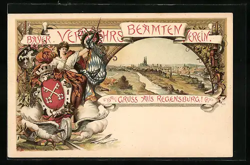 Lithographie Regensburg, Bayer. Verkehrs-Beamten-Verein, Panorama, Wappen