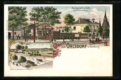 Lithographie Hamburg-Ohlsdorf, Restaurant Cafe v. O. Stuhlmann, Blick vom Balkon auf den Friedhof, Strassenbahn