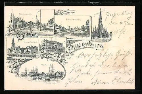 Lithographie Papenburg, Hauptkanal, Dock, Navigations-Schule