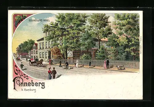 Lithographie Pinneberg, Strassenpartie am Schmüders Hotel