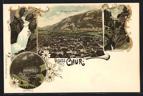 Lithographie Chur, Sauerquell Passug, Rabiusa-Schlucht, Gesamtansicht