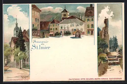 Lithographie St. Imier, 3 Ansichten, Ortsansicht, Kirche, Ruine