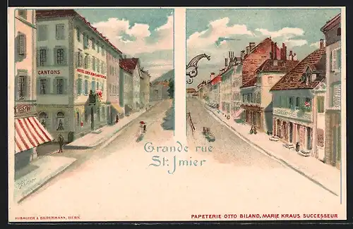 Lithographie Saint Imier, Grande rue, Hotel des XIII Cantons