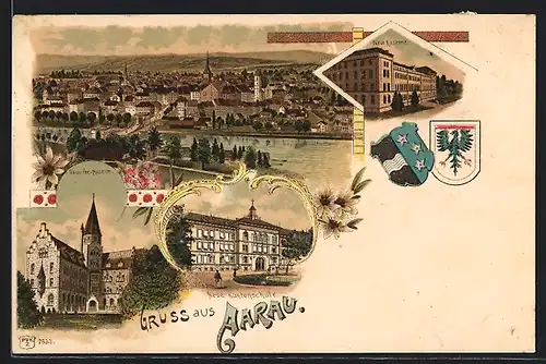 Lithographie Aarau, Gewerbe-Museum, Neue Kantonschule, Neue Kaserne, Ortsansicht