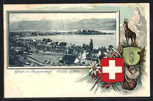 AK Rapperswyl, Ortsansicht mit Passepartoutrahmen Gams und Schweizer Wappen