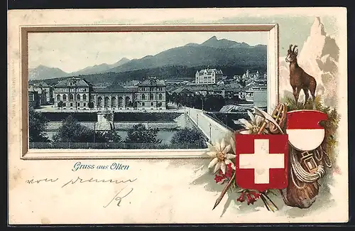 Passepartout-Lithographie Olten, Ortsansicht mit Wappen und Schweizerkreuz