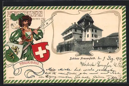 Passepartout-Lithographie Frauenfeld, Schloss, Wappen, Soldat mit Hellebarde