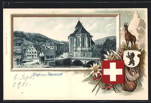 Lithographie Appenzell, Ortsansicht mit Wappen