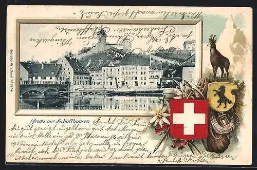 Passepartout-Lithographie Schaffhausen, Ortsansicht mit Wappen