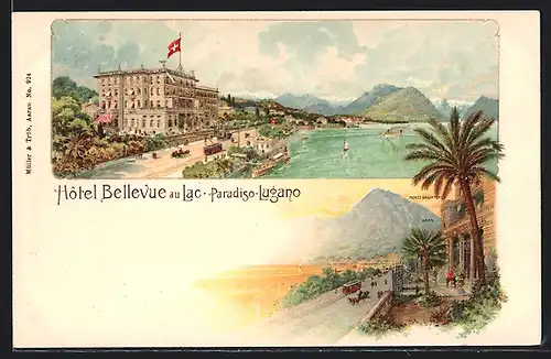 Lithographie Lugano, Hôtel Bellevue au Lac