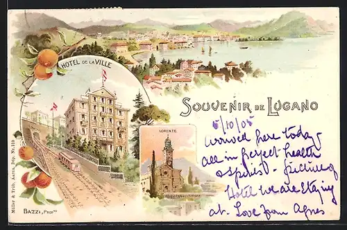 Lithographie Lugano, Hotel de la Ville, Zahnradbahn, Lorenze