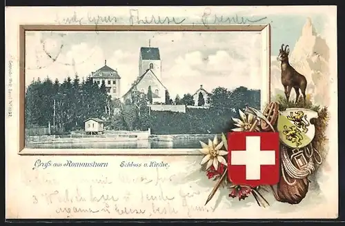 Passepartout-Lithographie Romanshorn, Schloss und Kirche, Wappen