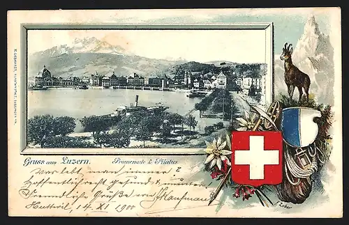 Passepartout-Lithographie Luzern, Promenade & Pilatus, Gemse mit Wappen