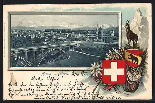 Lithographie Bern, Ortsansicht mit Wappen