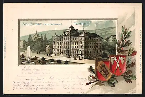 Passepartout-Lithographie Biel / Bienne, Ansicht vom Technikum, Wappen