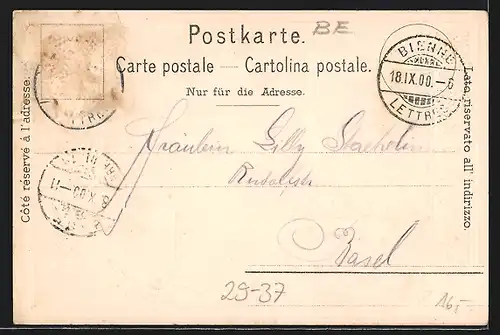 Passepartout-Lithographie Biel / Bienne, Ansicht vom Technikum, Wappen