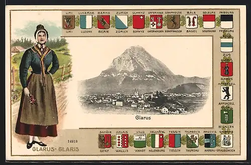 Passepartout-AK Glarus, Ortsansicht, Frau in Tracht u. Wappen Basel, Tessin u. Aargau