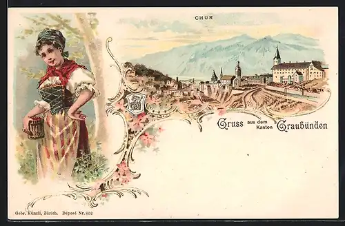 Lithographie Chur, Ortsansicht, Frau in Tracht