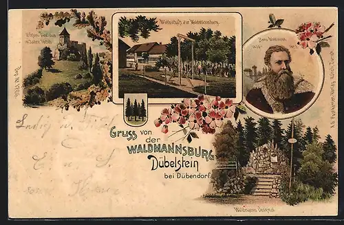 Lithographie Dübendorf, Wirtschaft zur Waldmannsburg Dübelstein, Portrait von Hans Waldmann