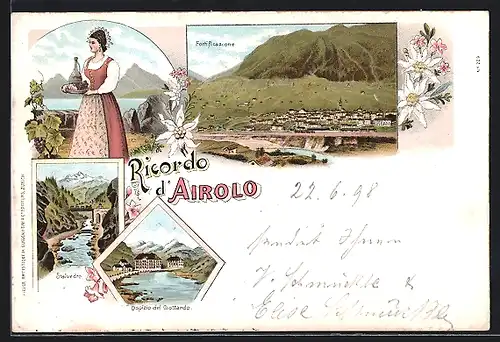 Lithographie Airolo, Panorama, Stalvedro, Frau mit Wein