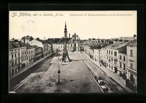 AK St. Pölten, Rathausplatz mit Franziskanerkirche und Dreifaltigkeitssäule