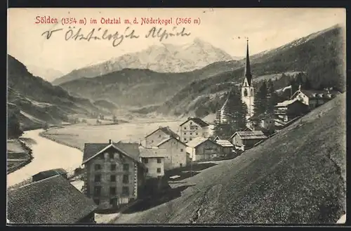 AK Sölden im Oetztal, Ortsansicht mit Kirche und Nöderkogel