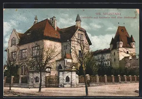 AK Wr. Neustadt, Oertelvilla mit Reckturm und alter Stadtmauer