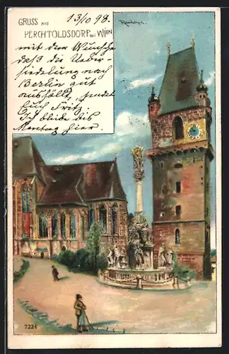 Lithographie Perchtoldsdorf bei Wien, Brunnen und Stadtturm
