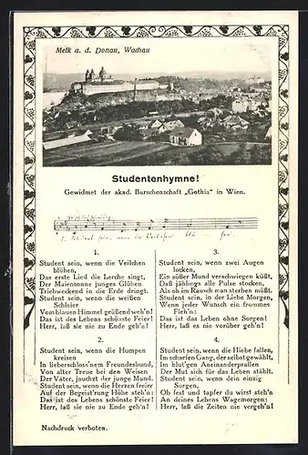AK Melk a. d. Donau, Generalansicht mit Studentenhymne