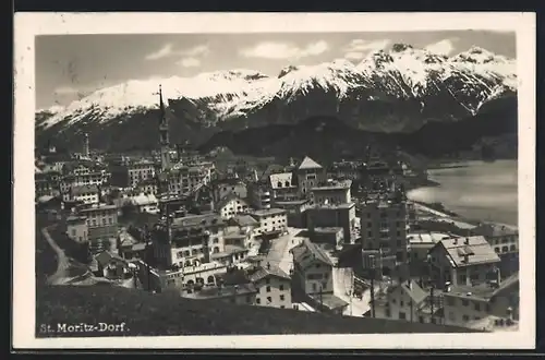 AK St. Moritz-Dorf, Gesamtansicht mit Gebirgspanorama