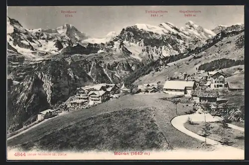 AK Mürren, Ortstotale mit Blick auf Breithorn und Gspaltenhorn