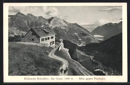AK Alp Grüm, Restaurant Belvedere, Blick gegen Poschiavo