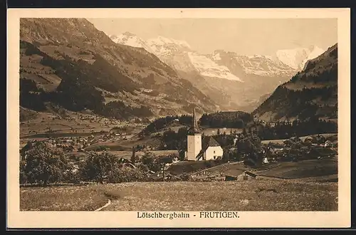 AK Frutigen, Talpanorama, Blick auf die Kirche an der Lötschbergbahn