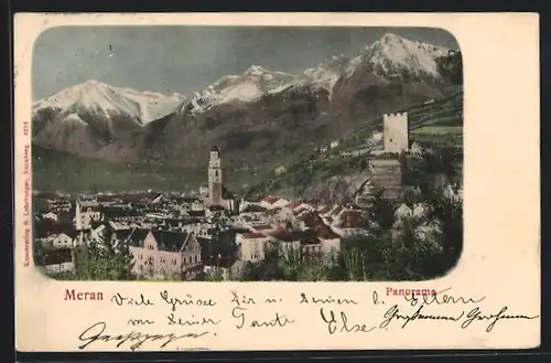 AK Meran, Panorama der Stadt mit Blick zur Kirche