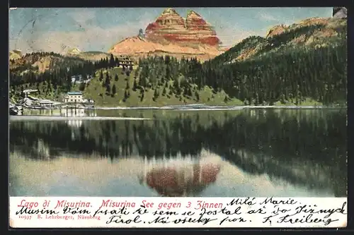 AK Misurina See, am Ufer mit Blick auf die 3 Zinnen