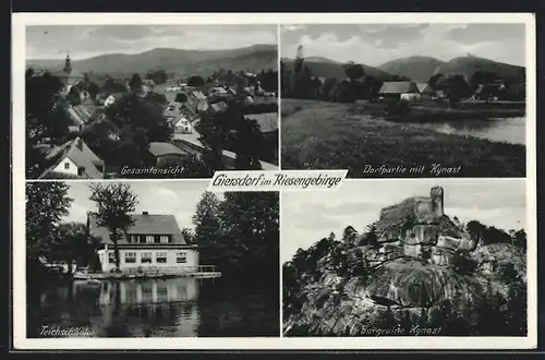 AK Giersdorf, Ortsansicht aus der Vogelschau, Teichschänke, Dorfpartie mit Kynast, Ruine