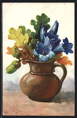 Künstler-AK Catharina Klein: Kanne mit Herbstlaub und blauen Blumen