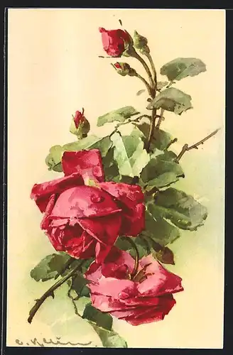 Künstler-AK Catharina Klein: Rote Rosen mit Blättern