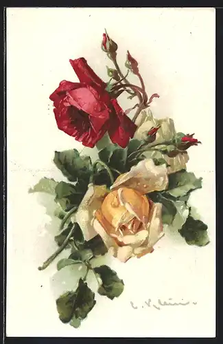 Künstler-AK Catharina Klein: Blüten gelber und roter Rosen