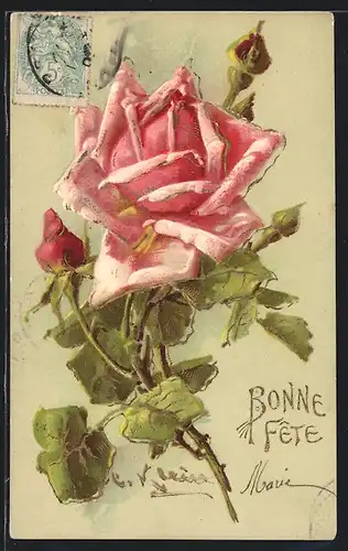 Künstler-AK Catharina Klein: Rose in voller Blüte mit Gold verziert, Bonne Fete