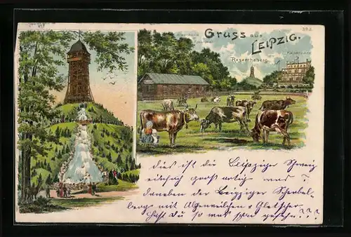 Lithographie Leipzig, Scherbelberg, Alpenhütte im Rosenthal, Kaiserpark
