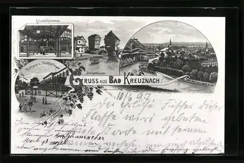 Künstler-AK Bad Kreuznach, Kurhaus und Trinkhalle, Elisabethbrunnen, Brückenhäuser