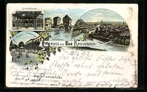 Lithographie Bad Kreuznach, Kurhaus und Trinkhalle, Brückenhäuser